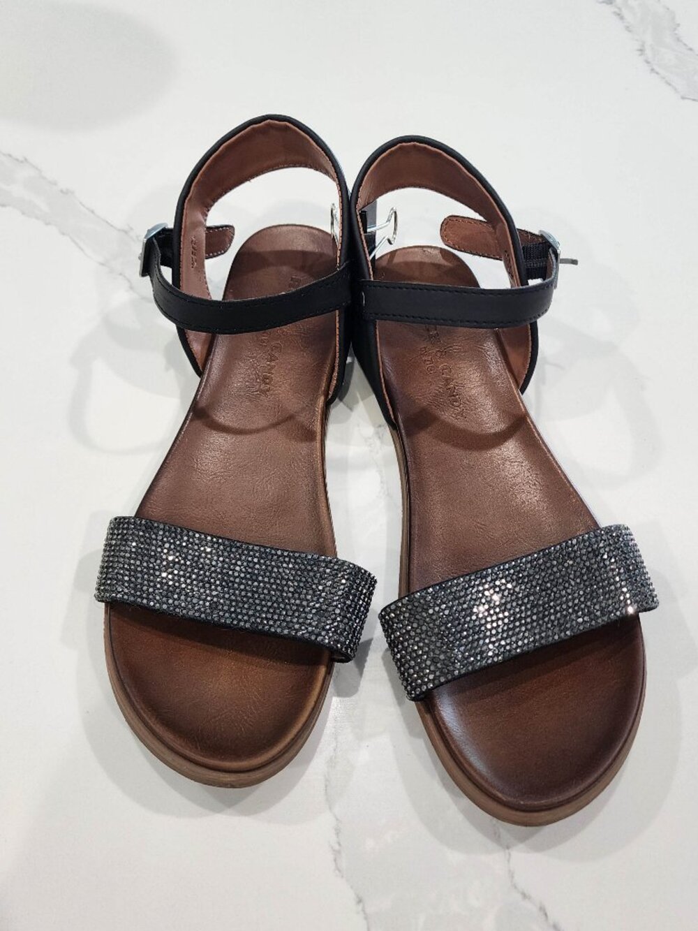 Black Rhinestone Flat Sandals